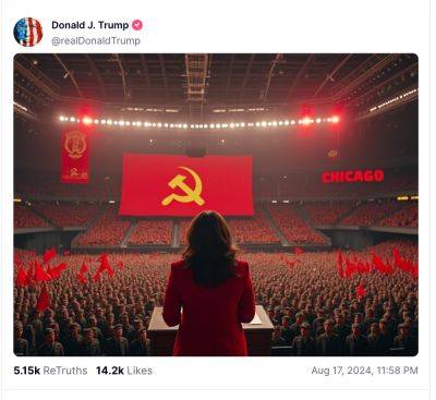 Joe Biden - Donald Trump - Kamala Harris - Jimmy Carter - James Liddell - Trump posts AI-generated image of Harris speaking at DNC with communist flags - independent.co.uk - state Nevada - state Illinois - city Chicago - city Detroit - Soviet Union - city Windy