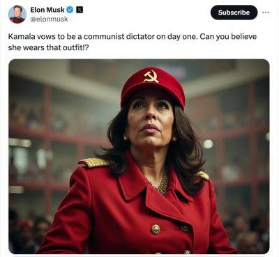 Donald Trump - Kamala Harris - Elon Musk - Kim Jong Un - Rhian Lubin - CEO - X users play Elon Musk at his own game after he posts AI image of Harris as communist dictator - independent.co.uk - state Florida - North Korea - county Harris